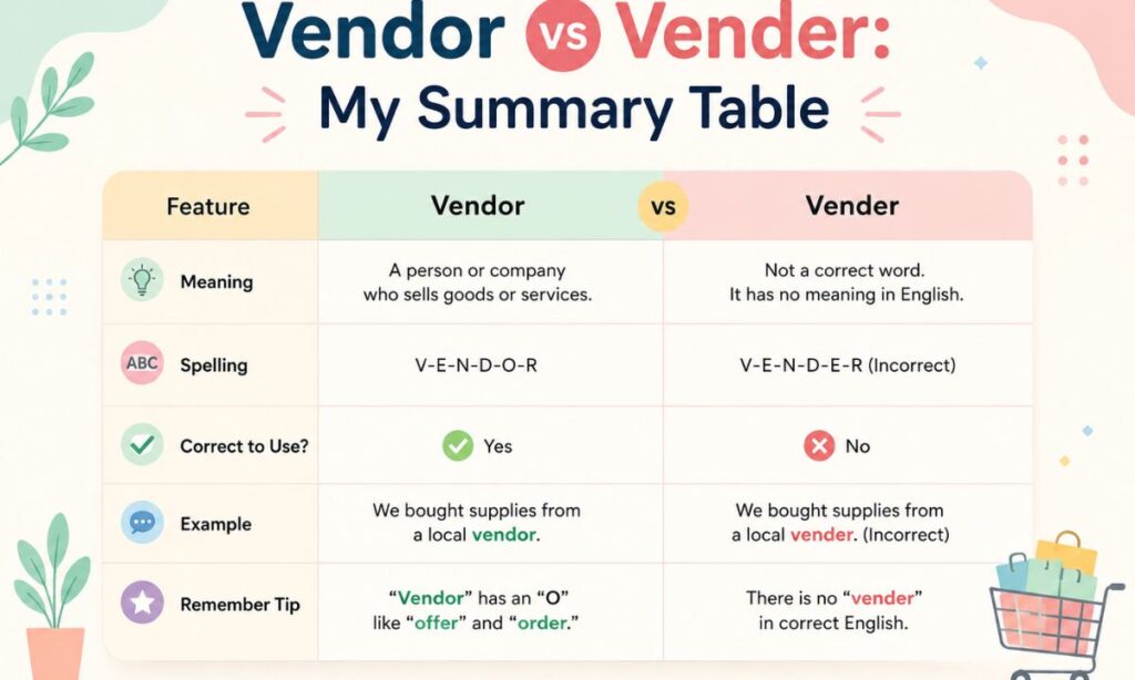 Vendor vs Vender My Summary Table